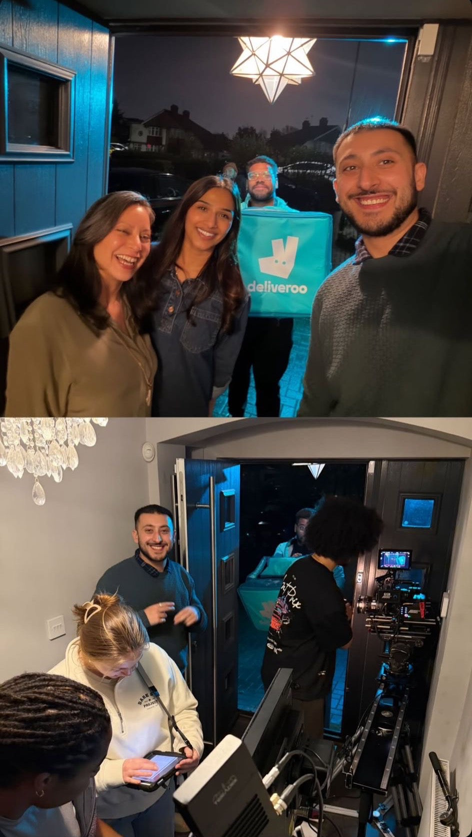 Top photo of actors taking a selfie on set for a deliveroo commercial all smiling. Bottom picture is behind the scenes with the camera and operator setting up a shot while crew and actors are nearby