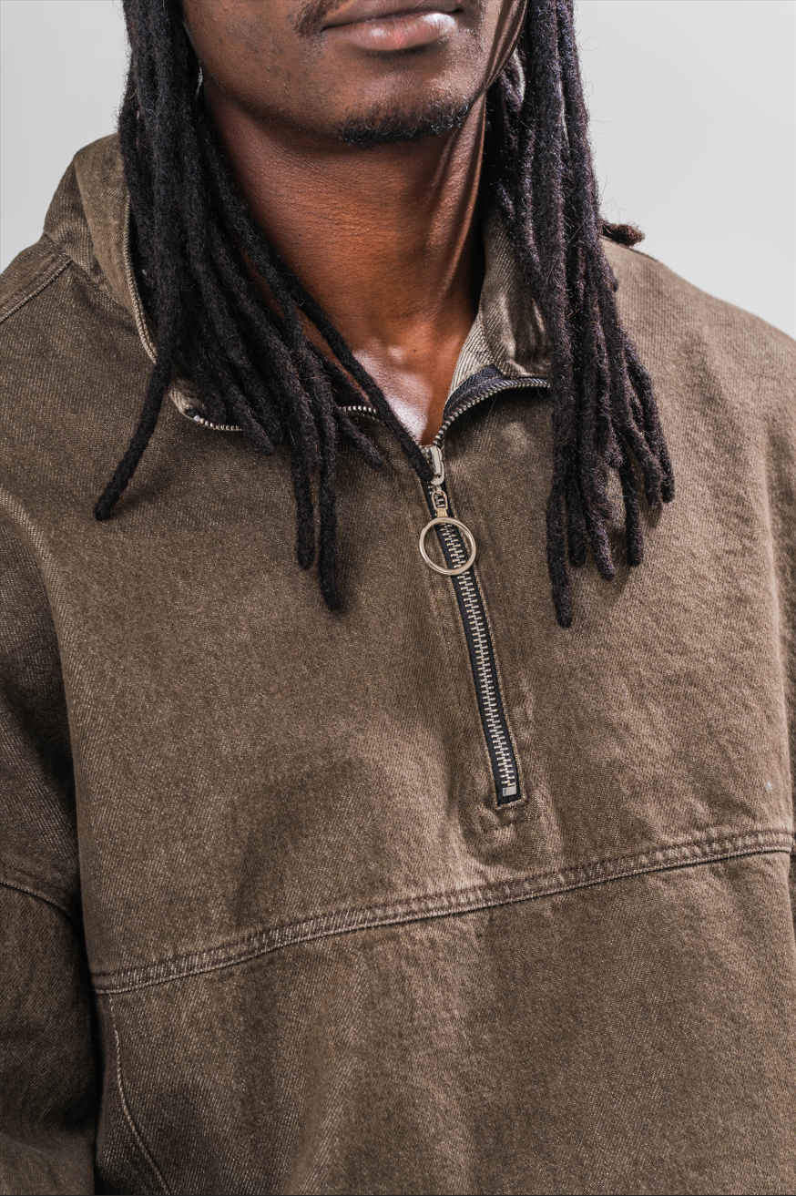 Close up view of Male model wearing our Khaki Denim Quarter Zip Pullover
